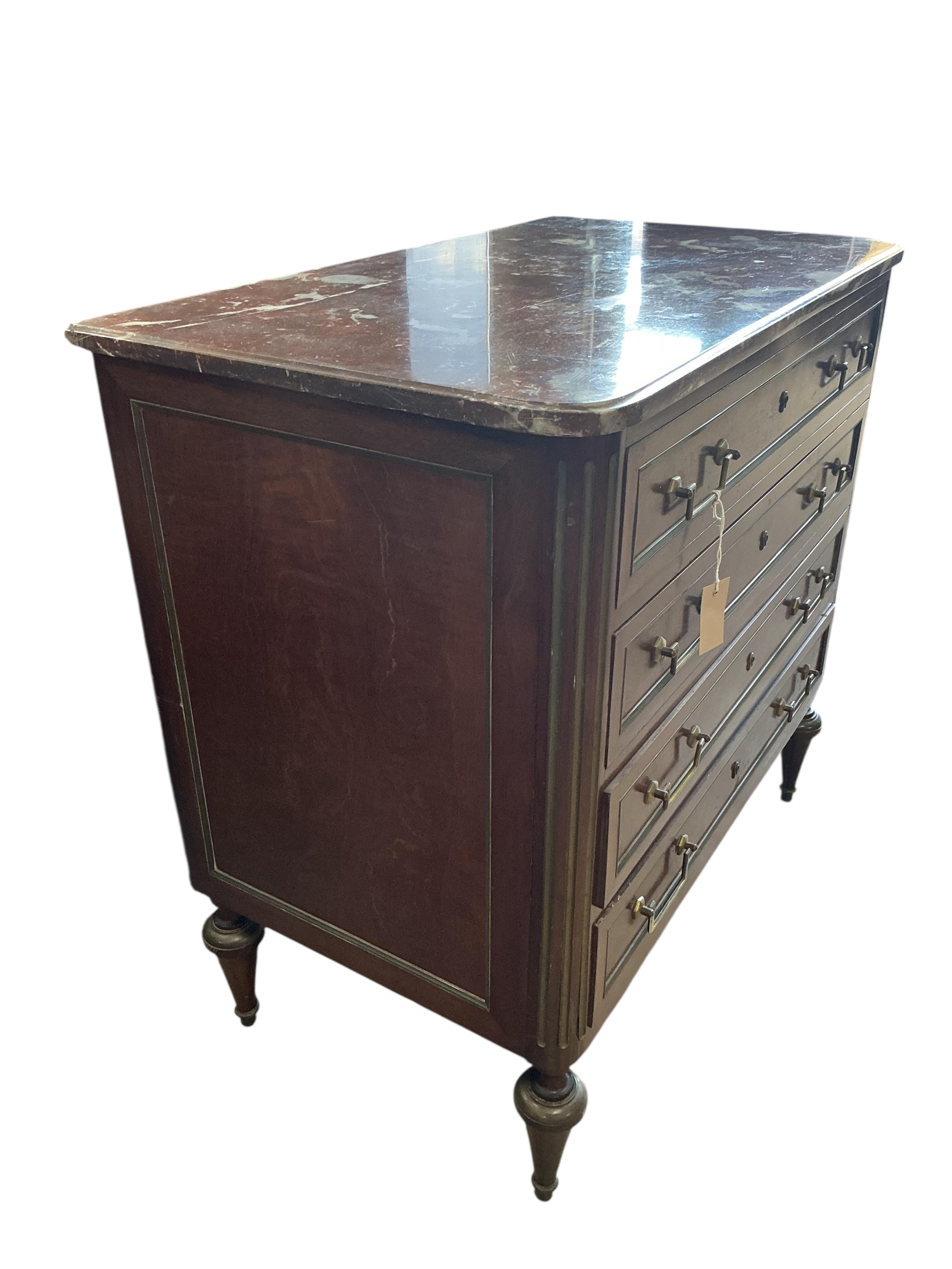 A Louis XVI style brass mounted marble top mahogany commode, makers label Alfred Whimpen, width 90cm, depth 52cm, height 88cm